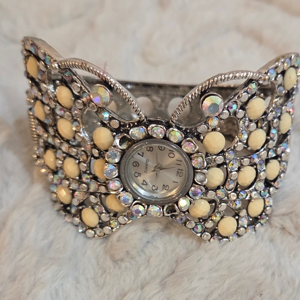 Silver Tone Butterfly Cuff Watch Cream Cabochon Iridescent Rhinestones Quartz